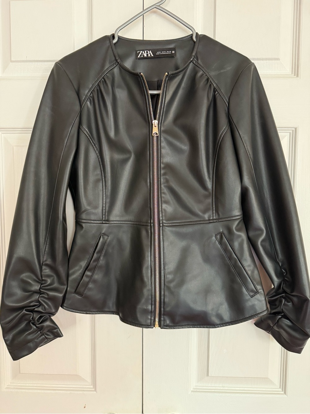 Zara Black Faux Leather Zip Jacket with Peplum Waist